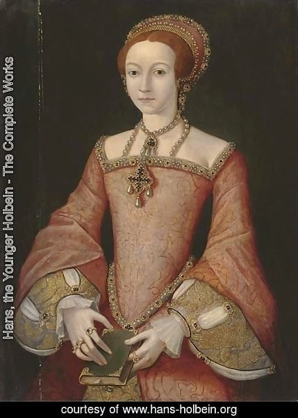 Portrait of Elizabeth when a princess, three-quarter-length, in a red jewelled dress, the bible in her hands