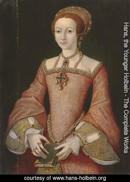 Hans, the Younger Holbein - Portrait of Elizabeth when a princess, three-quarter-length, in a red jewelled dress, the bible in her hands