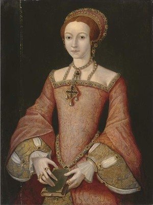 Hans, the Younger Holbein - Portrait of Elizabeth when a princess, three-quarter-length, in a red jewelled dress, the bible in her hands